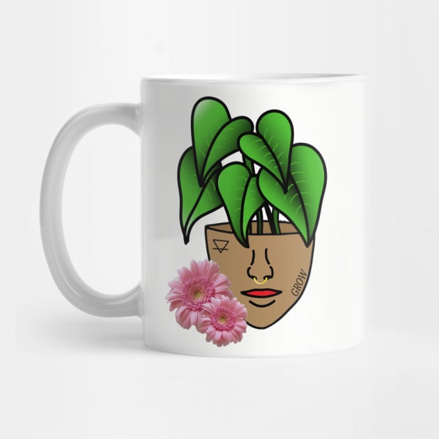 Surreal Tropical House Plant, Pot Head, with Pink Gerber Daisy by Tenpmcreations